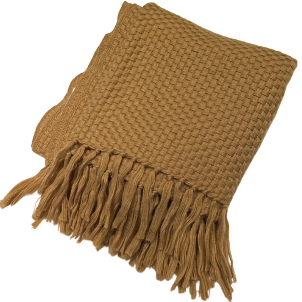 Cozy Basketweave Textured Brown Mustard Acrylic Throw Blanket with Fringe 51x67
